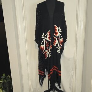 Poof! Black Sweater Cardigan with Red and White Aztec Pattern
